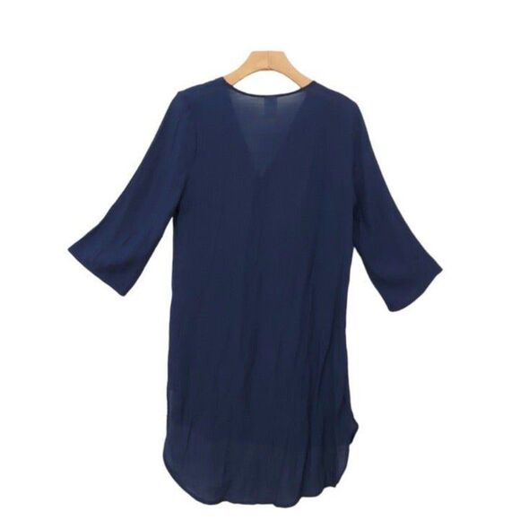 Kona Sol Cover Up Womens Small Navy 3/4 Sleeve V-Neck Curvy Hem Embroidered Boho - Picture 2 of 7